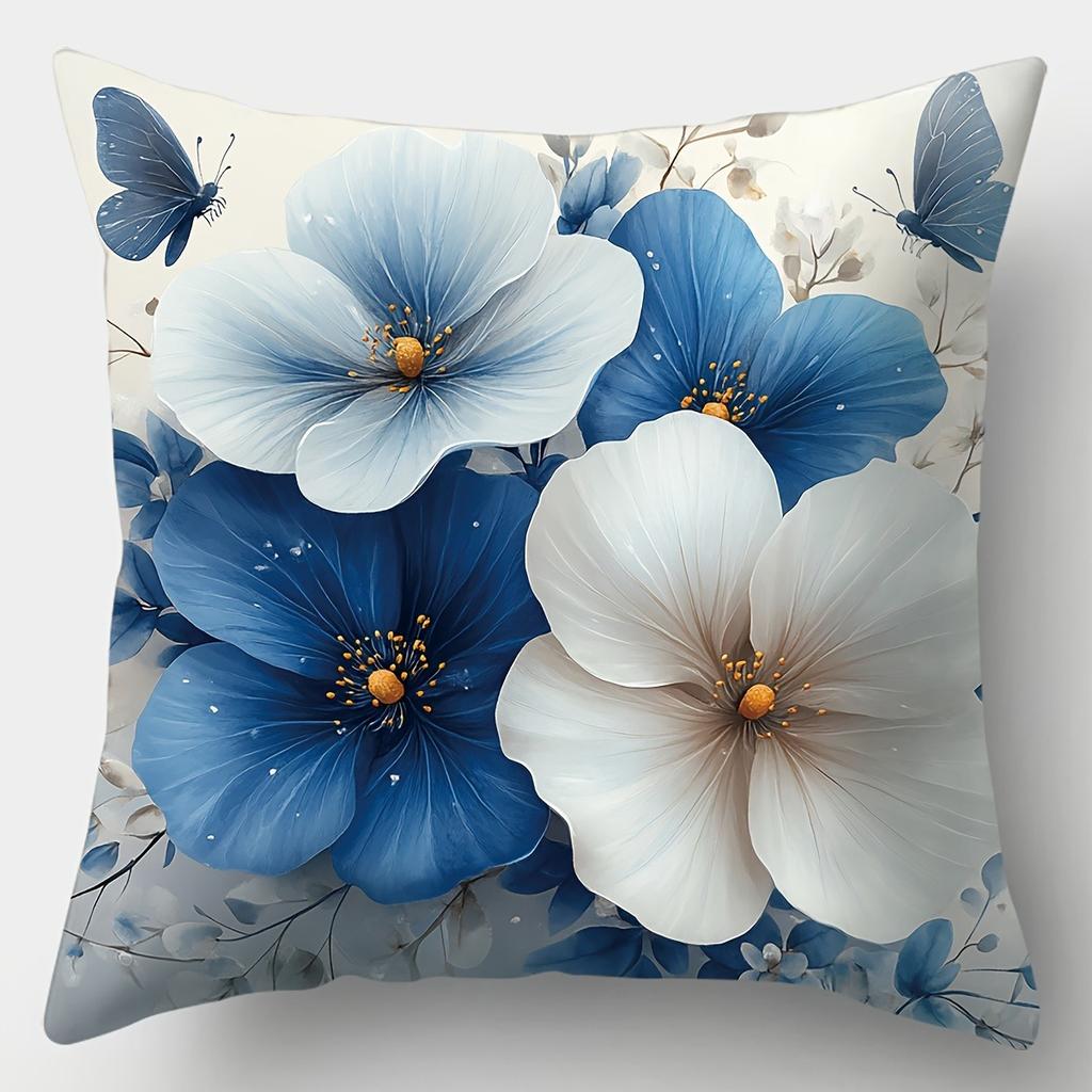 Blue and White Floral Pillowcases with Butterflies Cover Bedroom Sofa Decoration Polyester Cushion Cover with Zipper