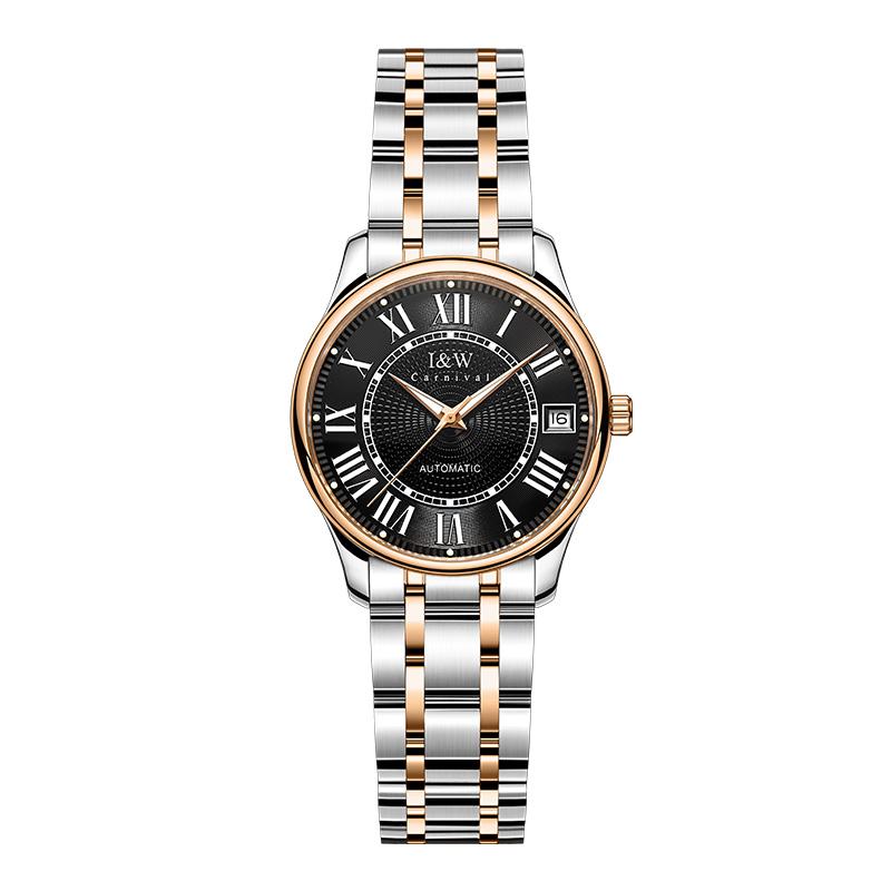 Hot Sale I&W Automatic Women Watch Roman Numeral Dial Two Tone Band Date Display Stainless Steel Mechanical Watch