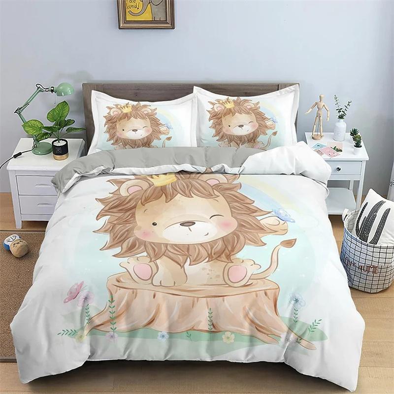 Cartoon Animal Duvet Cover Set Kids Lion Hippo Giraffe Pattern Bedding Set,Duvet Cover Comforter Bed Set Quilt Cover Pillowcase