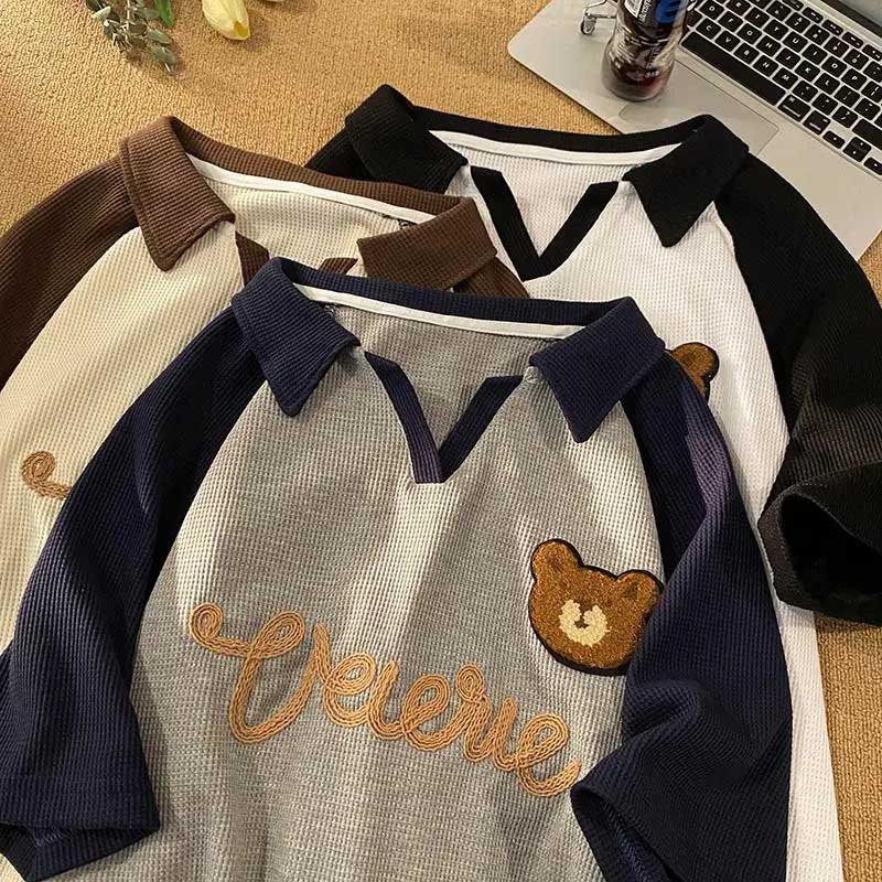 

Футболка с медведем большого размера, женская летняя рубашка с v-образным вырезом и хитом цвета, свободная рубашка-поло с половиной рукавов, топы