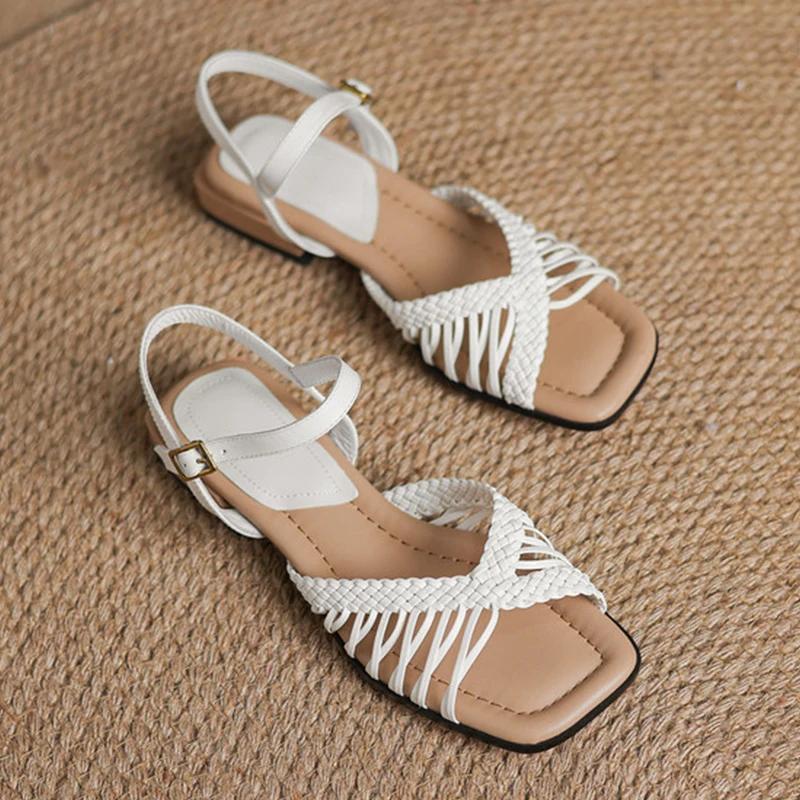 Fashion Weave Women Square Toe Heeled Sandals Designer Summer New Shoes 2025 Casual Woman Slippers Cozy Slides Pumps Mujer De Sandalias