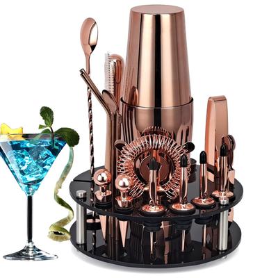 Set de barman 20 de bucăți Set shaker de cocktail din aur roz cu suport rotativ din acrilic pentru băuturi mixte Martini Home Bar Instrumente Argintărie Vase pentru băuturi