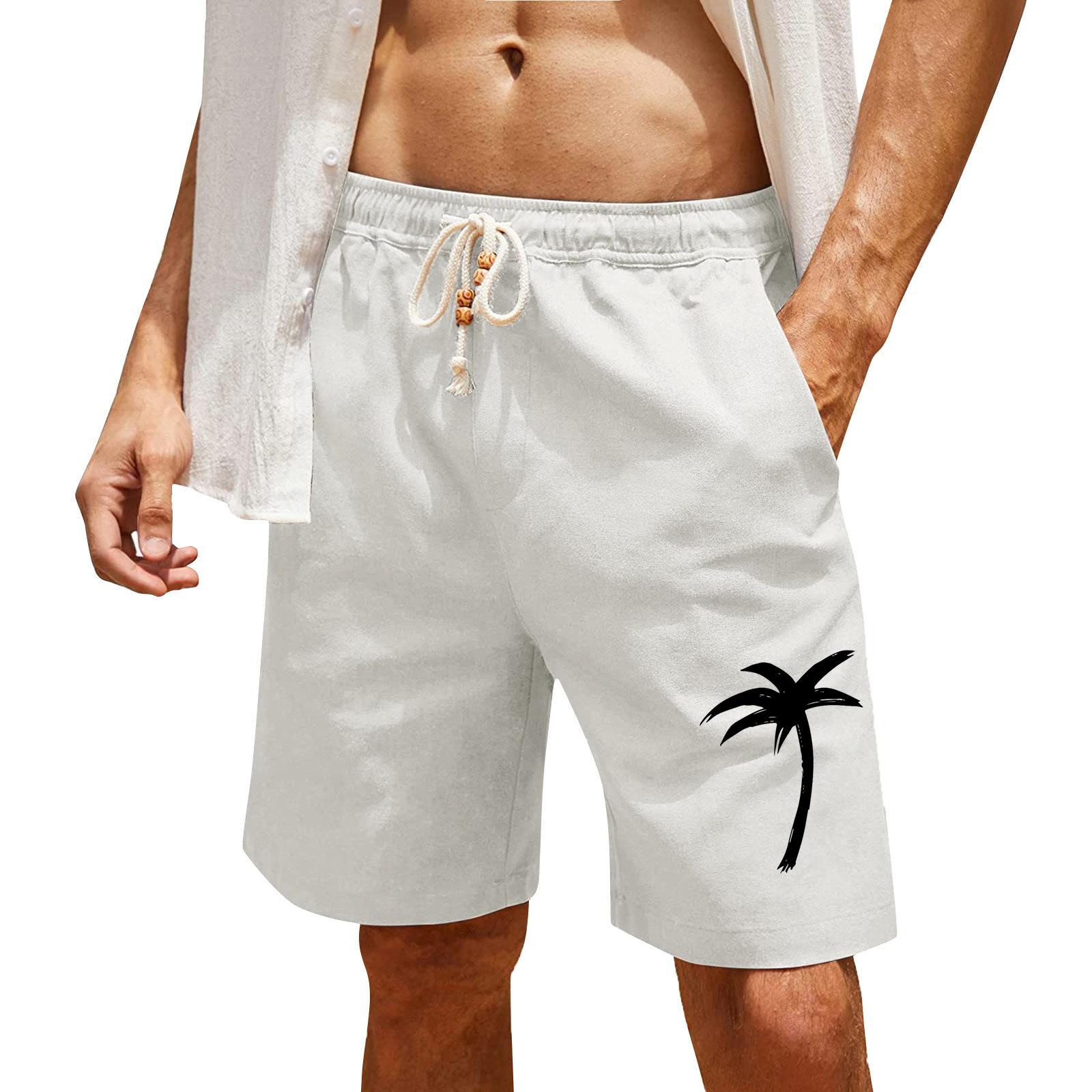 

Men s Print Cotton Linen Casual Shorts Men s Fashionable Beach Shorts XL білий