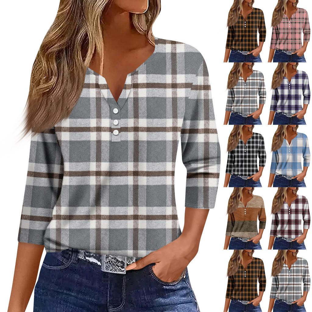 Women's Fashion Casual Three-quarter Sleeve V-neck Floral Print Top