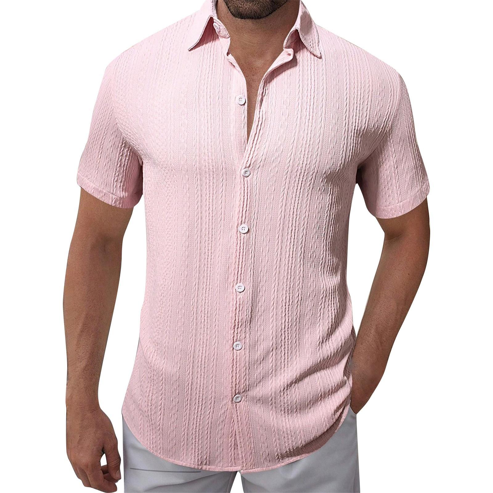 

Мужская однотонная текстурированная повседневная рубашка свободного кроя с лацканами на пуговицах и короткими рукавами L розовый