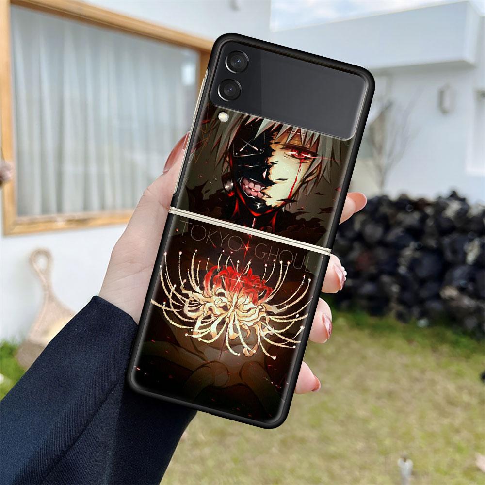 Luxury Case For Samsung Galaxy Z Flip 4 3 5G Black PC Hard Phone Cases Fashion Back Cover ZFlip Funda Anime Tokyo Ghoul Shell