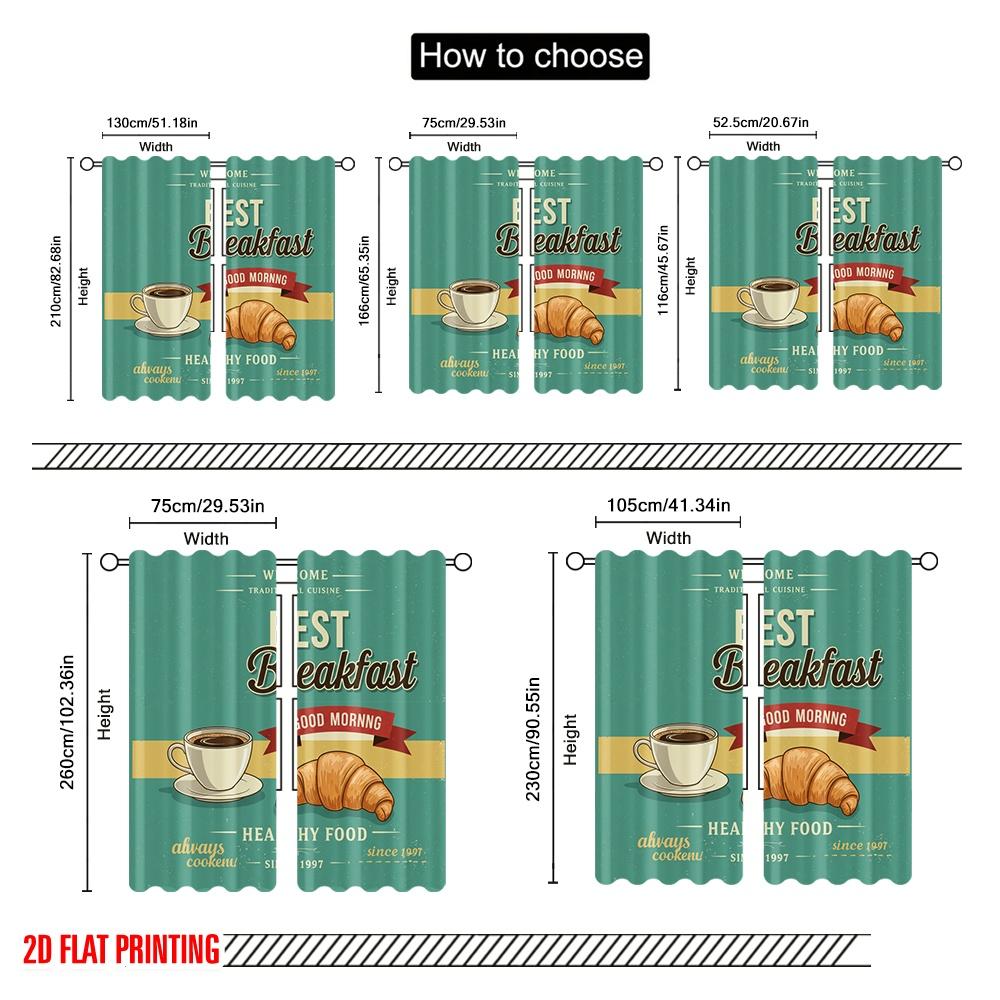 2pcs 2D Flat Printing Window Curtains Breakfast Coffee Croissant Good Morning Fabric Without Electricity Festive Wall Decor for