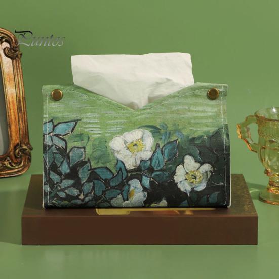 Space Saving Paper Holder PU Leather Tissue Box Cover with Wild Rose/Sunflower Pattern, Foldable Desktop Organizer, Napkin Case, Facial Organizer