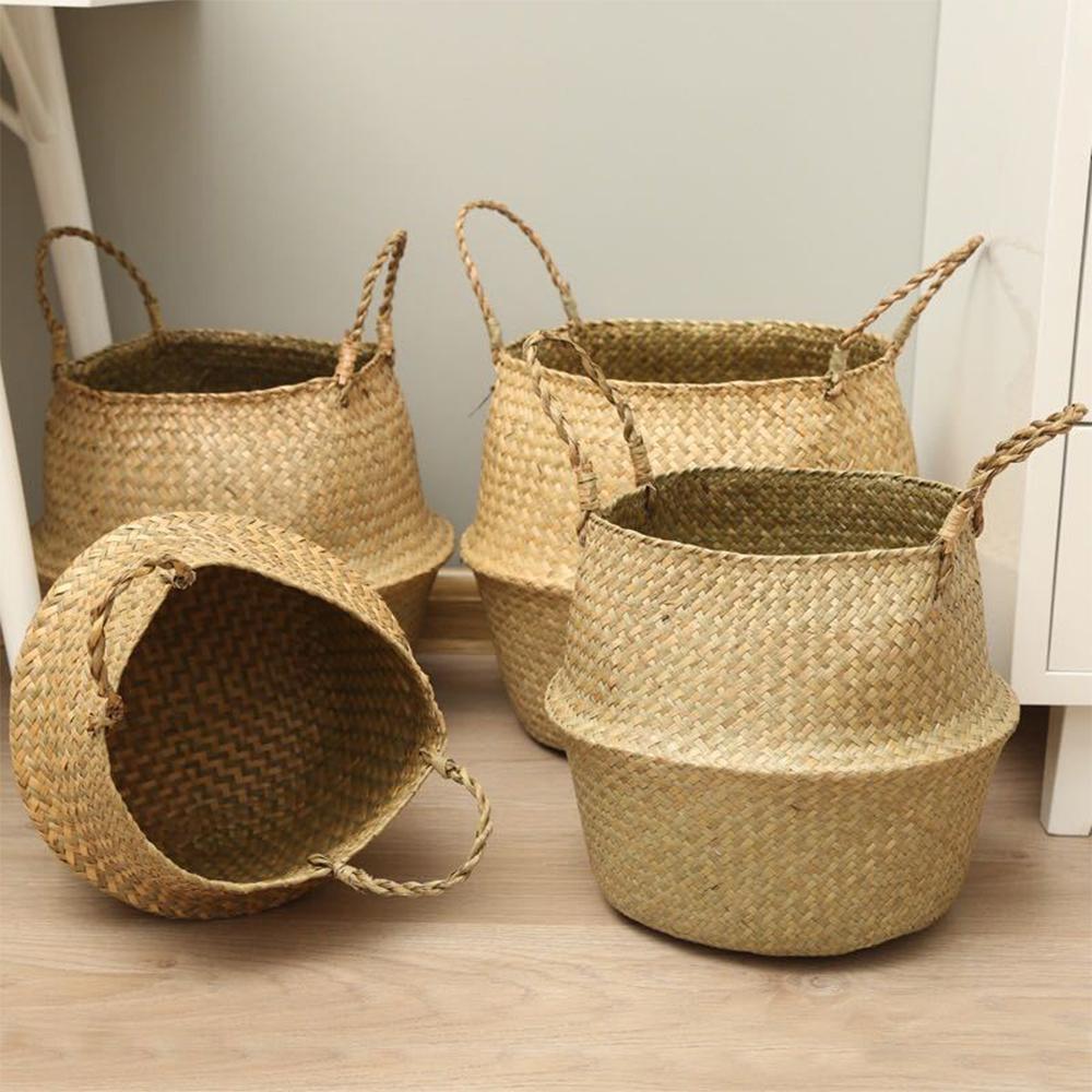 Plant Basket with Handles Wicker Basket Plant Pot Storage Basket Rattan Hanging Flower Pot Laundry Home Decor