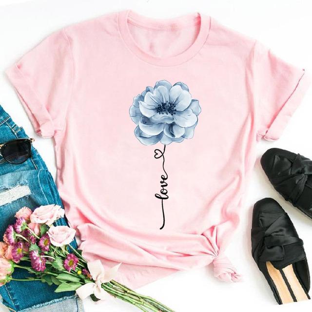 New Fashion Women Black T Shirt Friends Gift Flower Love Print Cute Tee Shirt Female Harajuku Tops Woman Short Sleeve T -Shirts