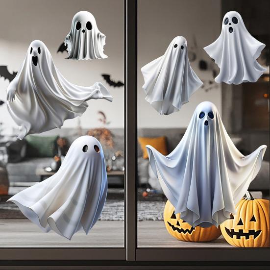Halloweenské duchové přilnavé na okno Bílý malý duch Oboustranné samolepky na okno Odnímatelné statické nálepky na skleněná okna Domácí venkovní dekorace