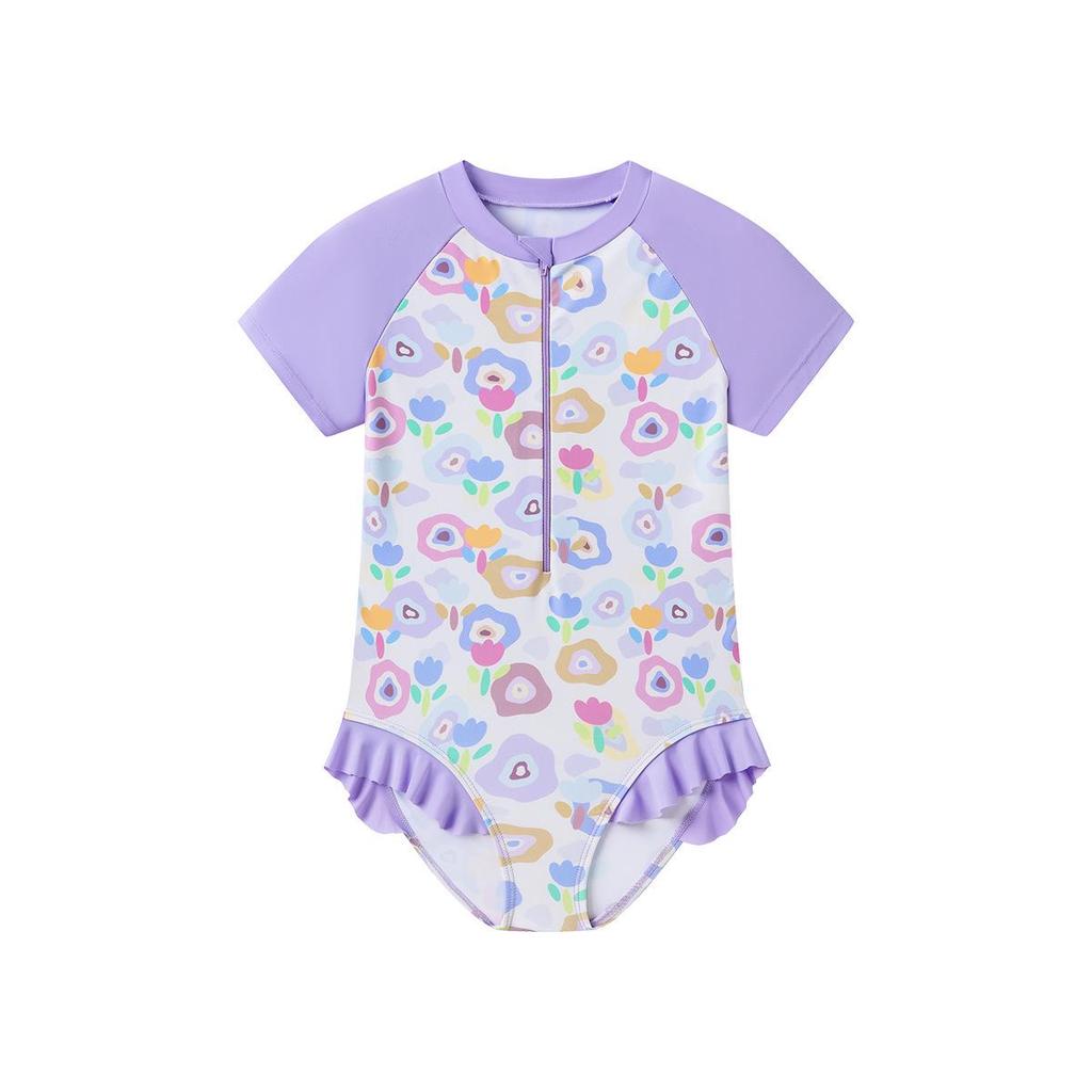 Costume da bagno a triangolo intero per bambina, ad asciugatura rapida, traspirante, con motivo floreale viola