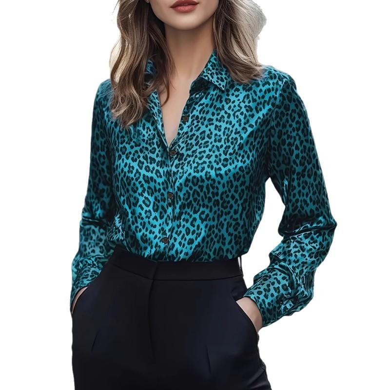 Womens Satin Print Long Sleeve Shirt Leopard Elegant Office Blouse