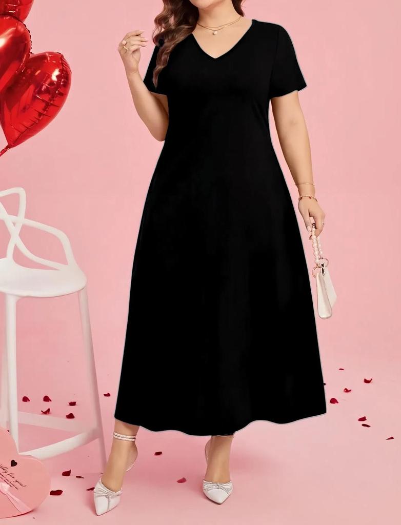 Plus Size V-neck Plain Women's Dress - European American Style