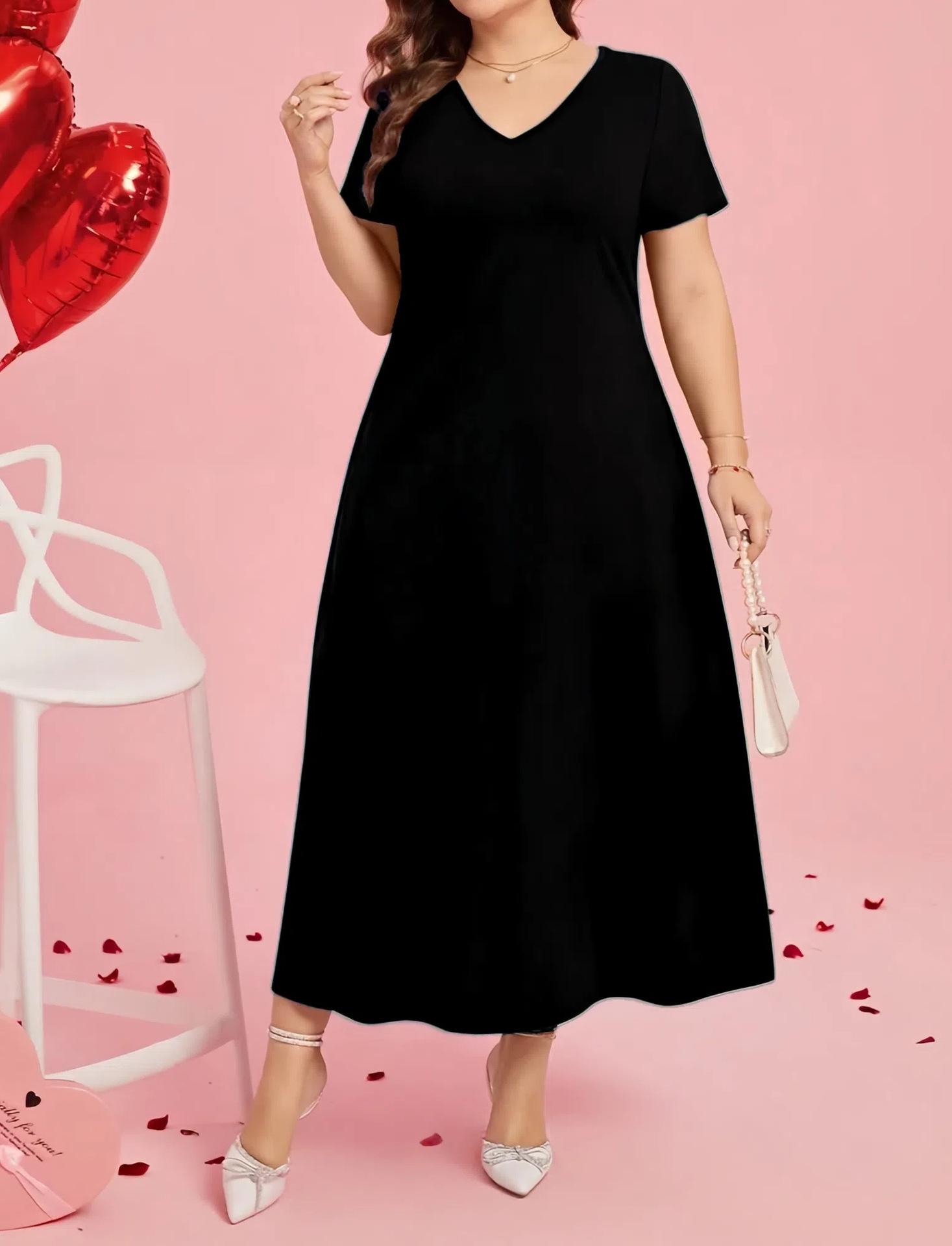 Plus Size V-neck Plain Women s Dress - European American Style 4XL