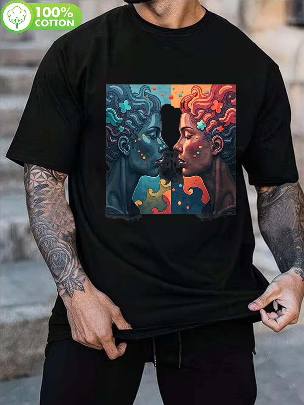 Мужская черная футболка с художественным принтом лица - Современная абстрактная графическая футболка с ярким синим цветом S