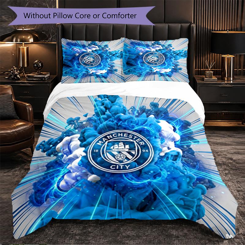 Manchester City Pattern 3 Pieces Bedding Set Soft Microfiber Duvet Cover with Pillow Cases for Bedroom