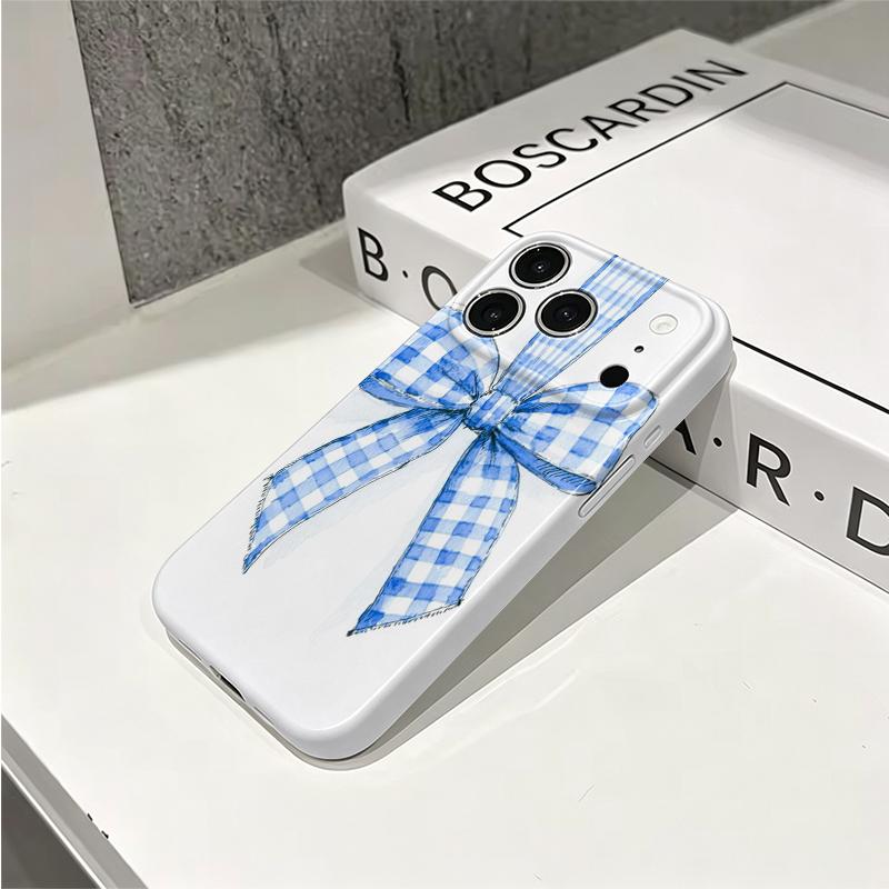 Painted Gingham Bow Blue Watercolor Graphic Art Design Film Aesthetic Protective Shockproof Bumper Phone Case Cover For iPhone 13 15 16 17 ProMax Plus