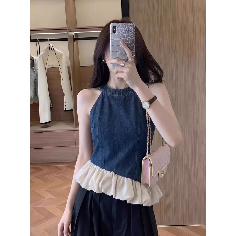 2026 Summer New Large Size French-Style Denim Ruffle Halter Neck Sleeveless Asymmetrical Top for Women in Hong Kong Style
