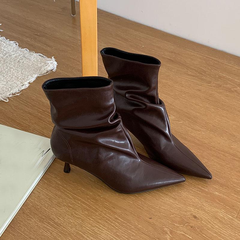Fashion Heels Footwear Pointed Toe Ladies Ankle Modern Boots Shoes Fashion Pleated Women Short Boots Female Slip On Shoes Pumps
