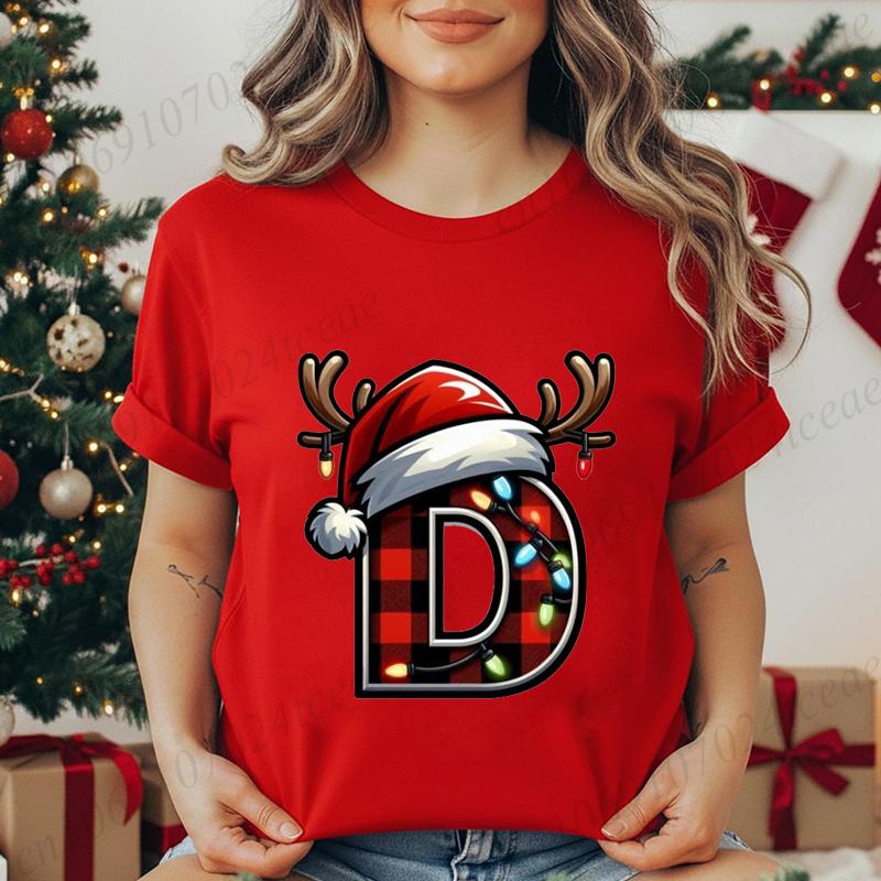 Christmas Alphabet Printed T-Shirt for Women Unisex Fashion Trendy Funny Casual Tops Santa Hat, Reindeer Graphic Tshirt T Shirt