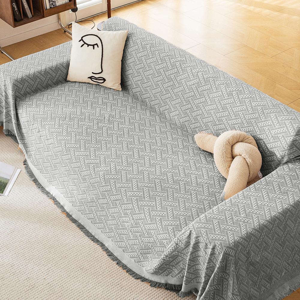 Ins Minimalist Soft Cotton Yarn T-Grid Sofa Throw One-Piece Sofa Mat Machine Washable All-Season Full Coverage Universal Sofa Cover Versatile