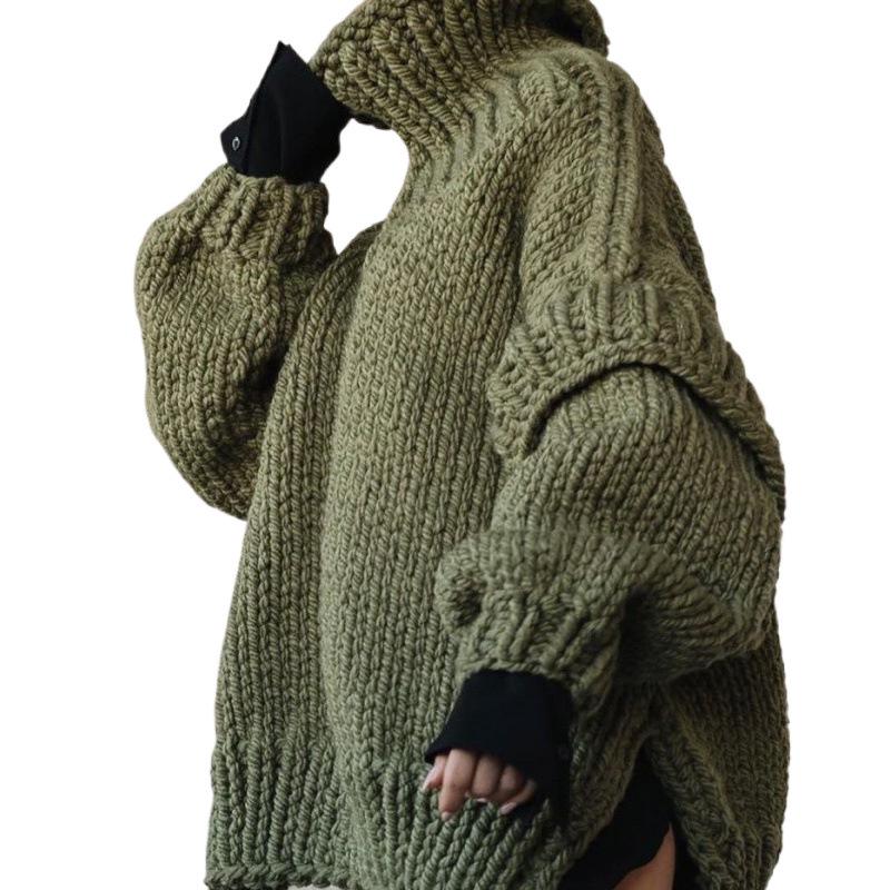 Women's Chunky Knit Fluffy High-Neck Sweater - Long-Sleeved Pullover