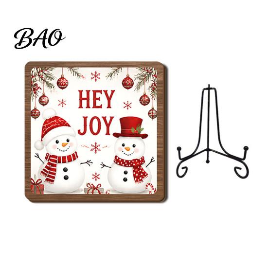 Christmas Hanging Ornament Wooden Tabletop Decor, 2D Pet Santa with Iron Stand, Rustic Xmas Party Holiday Sign for Home And Cafe Festive Shelf, Solid