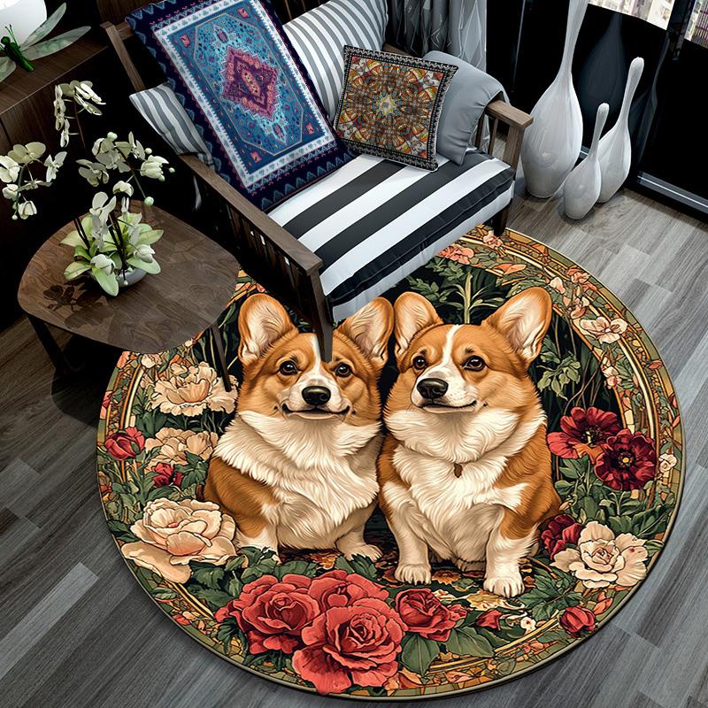Corgis Round Area Rug,Carpet Rug for Living Room Bedroom Sofa Playroom Decor,Non-slip Floor Mat