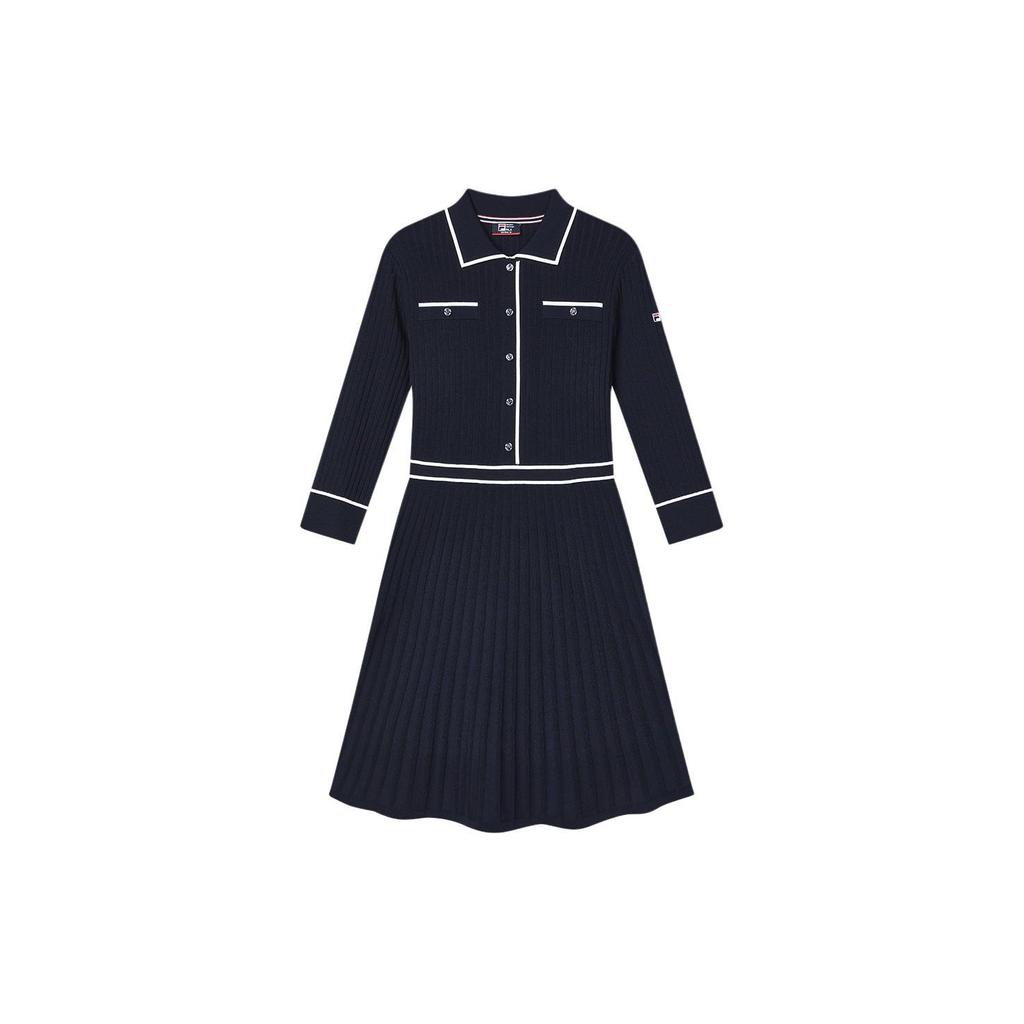 Fila Solid Color Polo Neck Knitted Long Sleeve Dress Women Dresses Legendary-Blue F11W411308F-NV