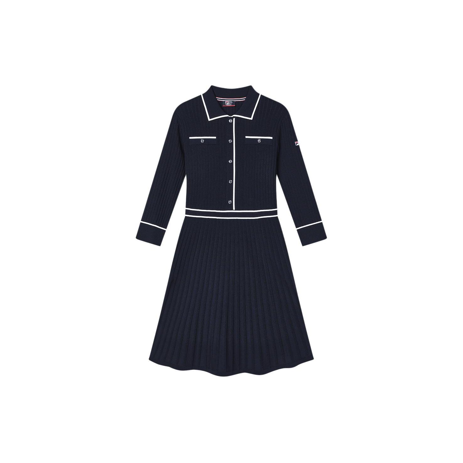 

FILA Solid Color Polo Neck Knitted Long Sleeve Dress Women dresses Legendary-Blue F11W411308F-NV S