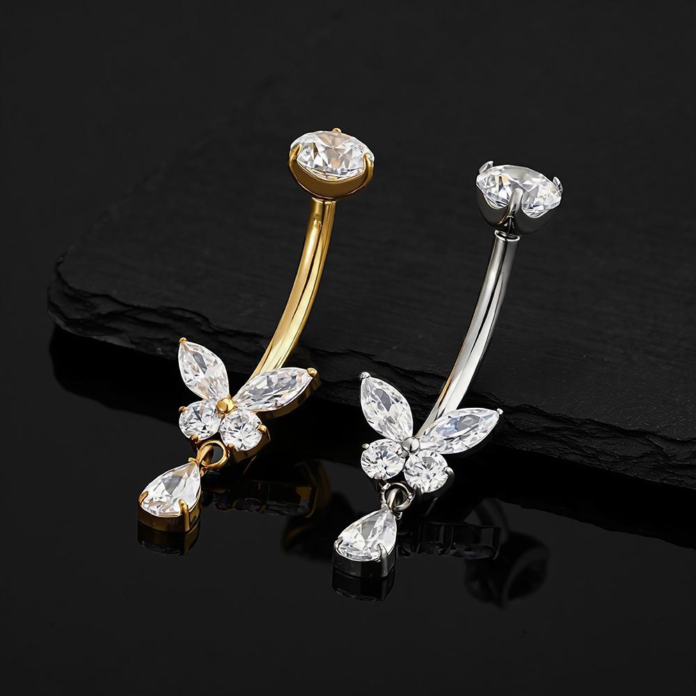 Right Grand ASTM F136 Titanium Butterfly CZ Dangle Belly Button Ring 14G Teardrop Drop Navel Curved Barbell Piercing Jewelry