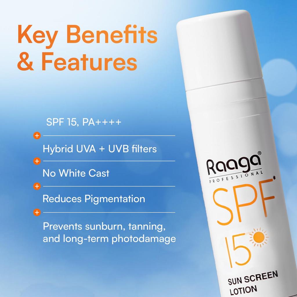 Raaga Professional SPF 15 Sunscreen Lotion PA++++ UVA UVB Protection Non-Greasy Water Proof 55 Ml
