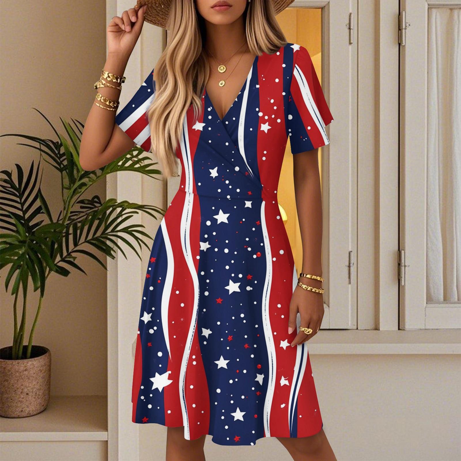 

Women s Summer Fashion Independence Day Printed Dress Casual Beach A-line V-neck Loose Sundress XXL