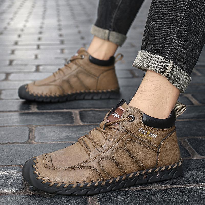 Hand-stitching Leather Men Boots Genuine Leather Casual Leather Shoes Men Ankle Boots