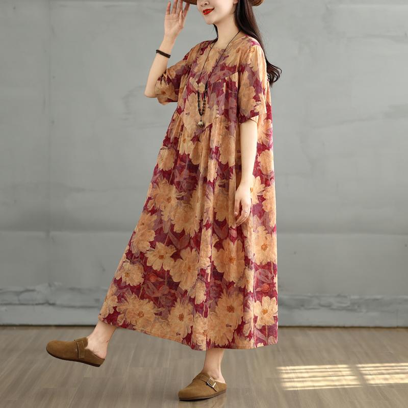 

Dimanaf 2025 Летнее платье больших размеров для женщин Повседневное платье-рубашка Винтажное свободное базовое платье с цветочным принтом 2XL красный