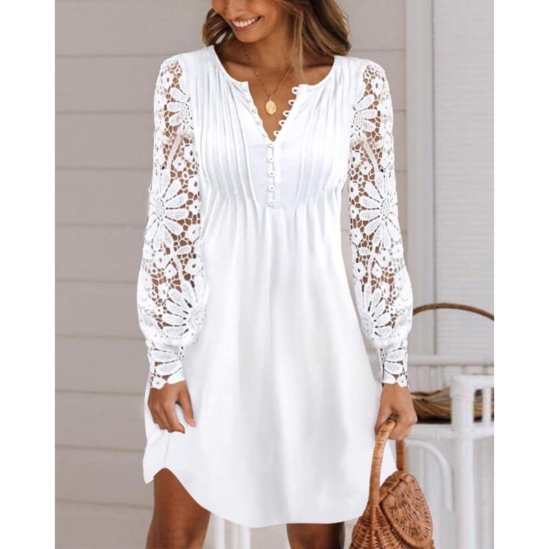 Letní móda nový styl dámské oblečení, krajkové duté šaty s dlouhým rukávem