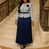 Womens Checkered Short Blazer and Pleated Skirt Two Piece Set with Flower Detail and Adjustable Belt