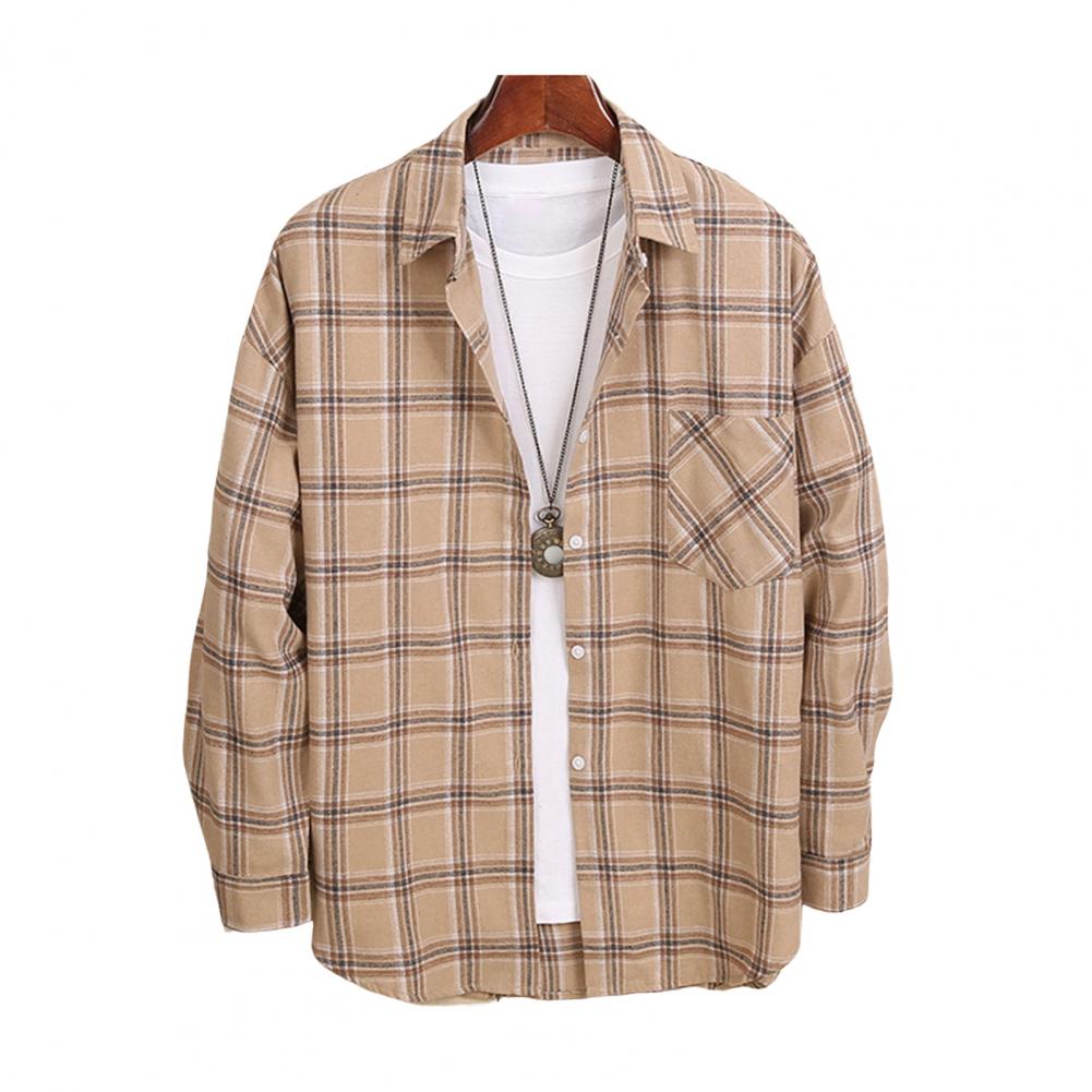 Herre Vår Høst Skjorte Nedslått Krage Enkeltspent Rutete Trykk Langermet Løs Passform Japansk Stil Cardigan Formell Business