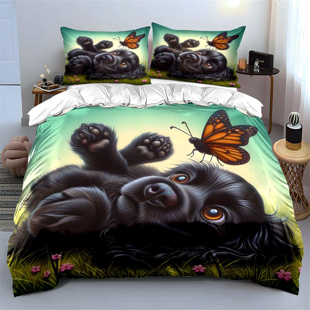 Playful Puppy and Butterfly Scene Bedding Duvet Cover Set (1*Duvet Cover 2*Pillowcases, Without Duvet Insert)