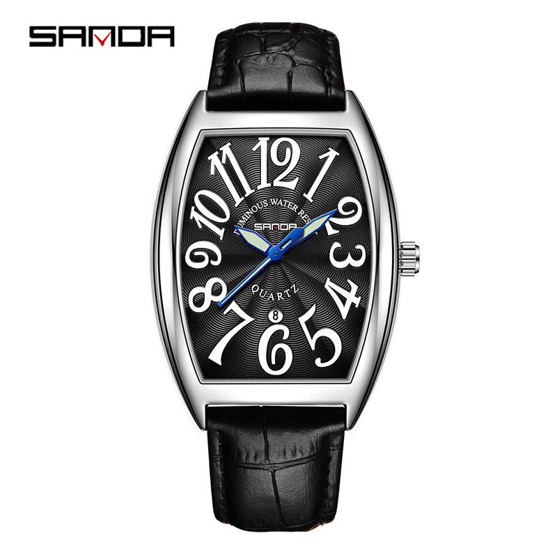 Sanda Barrel Shape Quartz Men s Watch with Large Numbers and Leather Strap