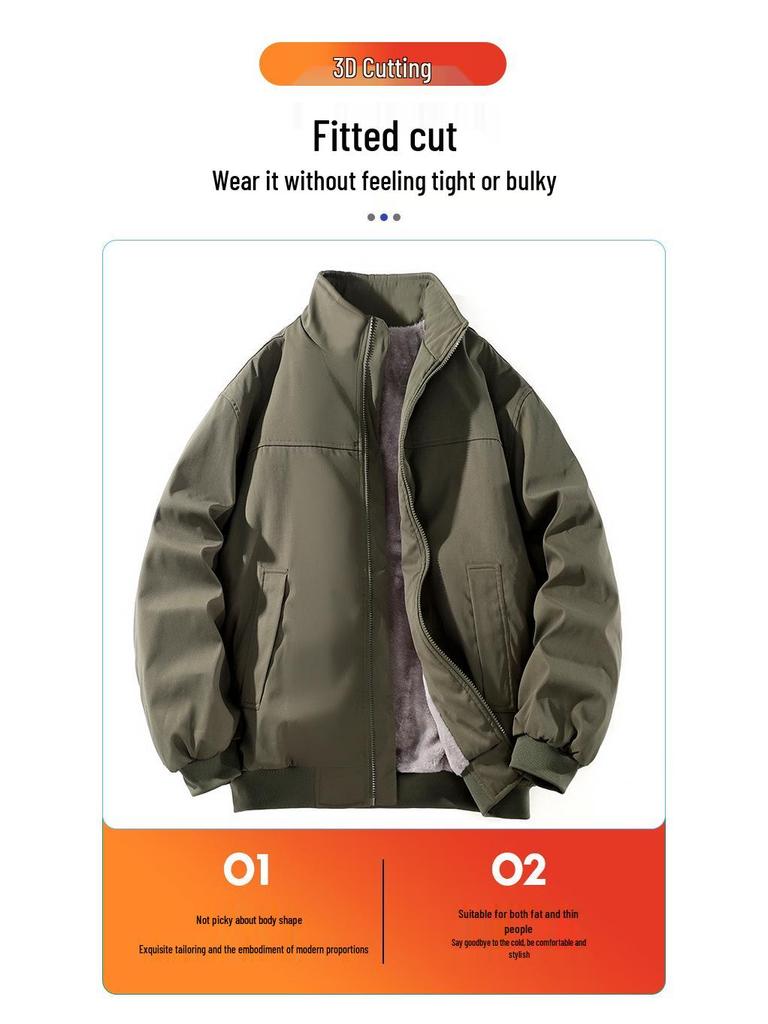 Men's Trendy Thick Fleece Stand Collar Warm Jacket - Casual Cotton Top for Autumn/Winter