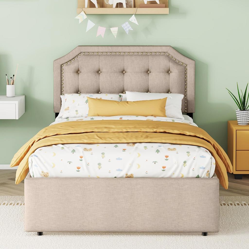 Children's Bed 90x200cm Slatted Frame Nightstand Upholstery Rivets Double Drawers Linen Adults Youth Without Mattress