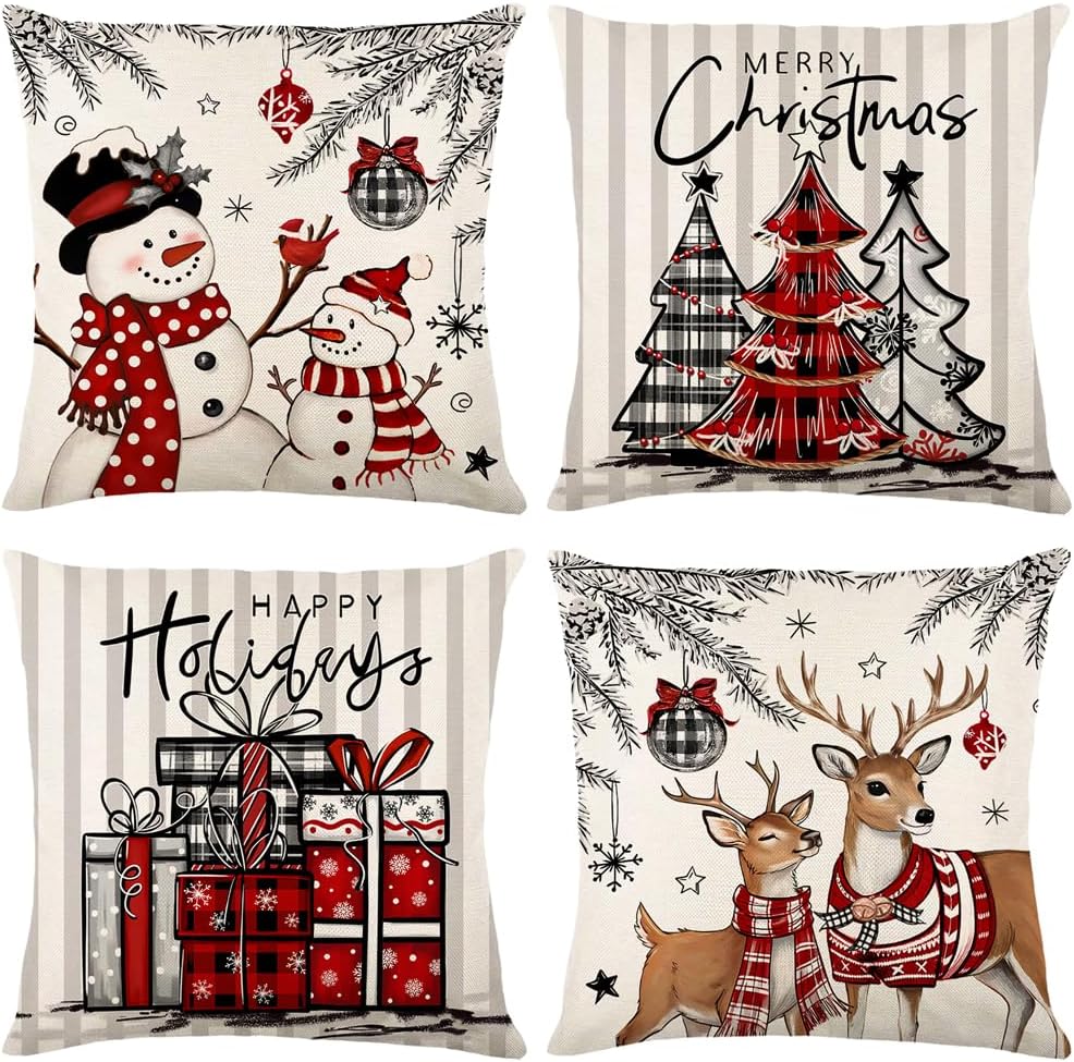 Christmas Throw Pillow Covers 18X18 Set Of 4,Linen Pillow Cases Vintage Nordic Snowman Tree Plaid Gray White Pillowcover