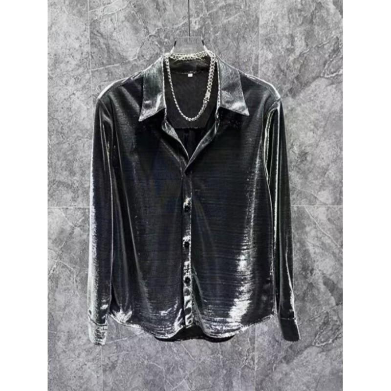 

Men Spring Shirt for Club Loose Glossy Surface Turn-down Collar Single-breasted Shirt Long Sleeve Casual Party Top Men s Clothing 3XL