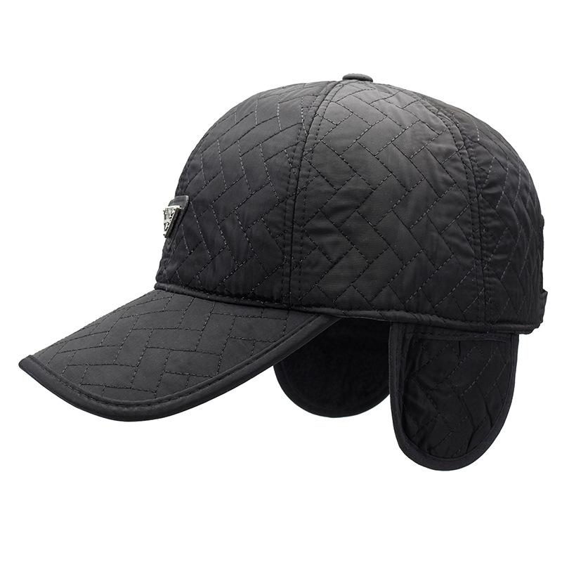 Winter Hat Men'S Embroidered Rhombus Baseball Cap Fleece Thickened Cap Cold Protection Ear Protection Cotton Hat Middle-Aged And Elderly
