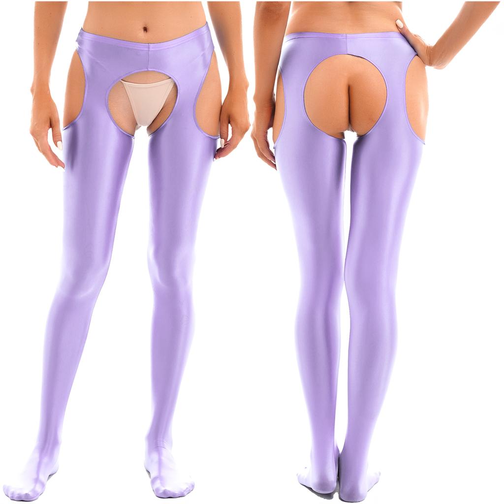 Womens Glossy Cutout Pantyhose Mid Waist Tights Crotchless Design Elastic Waistband Sheer Leggings Skinny Pants