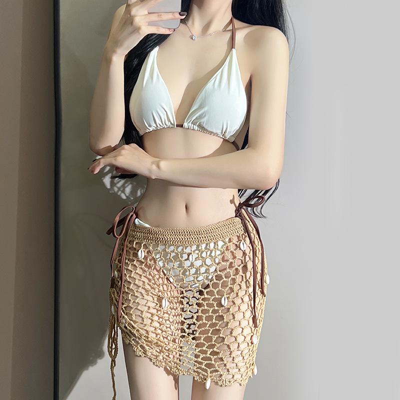 

Комплект бикини из трех частей, вязаный, со шнурком, полым дизайном и юбкой-накидкой для женщин Large