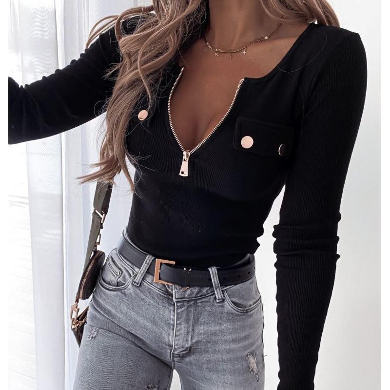 

Fashion Knit Sweater Women Long Sleeve Pullover Zipper Top T Shirt 2026 Autumn and Winter 3XL чорний