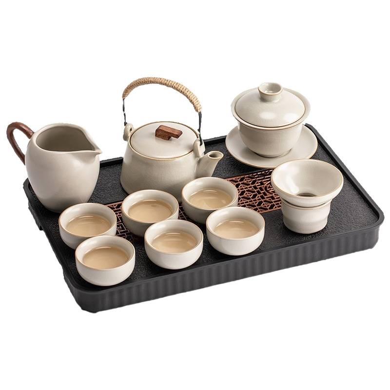 High-End Ru Kiln Ceramic Kung Fu Tea Set - Luxury Gaiwan Teapot, Tray, and Cups for Home.